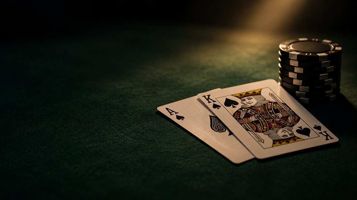 Ässä ja kuningas -kortit pelimerkkipinon vieressä tummalla huovalla, blackjackin perusstrategia
