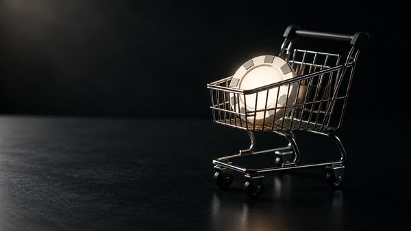 Hopeinen ostoskärry, jossa on yksi hohtava valkoinen pelimerkki, bonus buy eli ilmaiskierrosten ostaminen