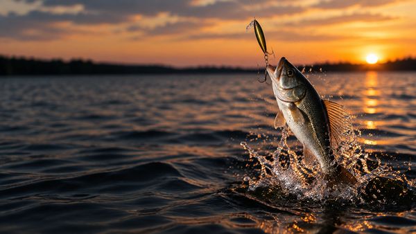 Kalastusviehe ja hopeinen kala hyppäämässä tummasta järvivedestä auringonlaskun valossa. Big Bass Bonanza -slotti