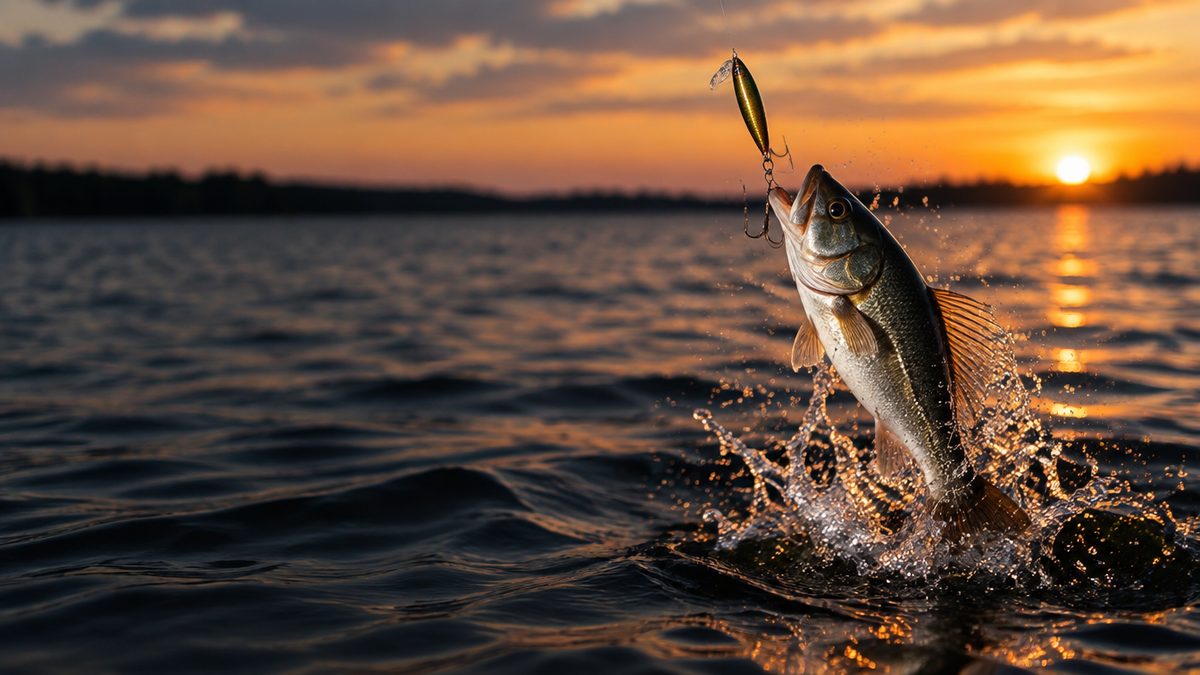 Kalastusviehe ja hopeinen kala hyppäämässä tummasta järvivedestä auringonlaskun valossa. Big Bass Bonanza -slotti