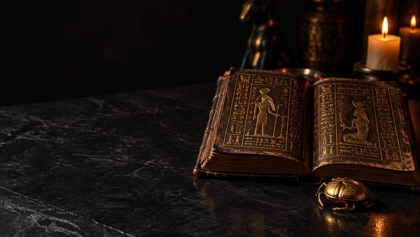 Vanha nahkakantinen kirja, jossa on kultaisia hieroglyfejä, avoinna mustalla kivipöydällä. Book of Dead -slotti