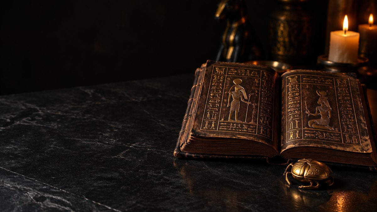 Vanha nahkakantinen kirja, jossa on kultaisia hieroglyfejä, avoinna mustalla kivipöydällä. Book of Dead -slotti