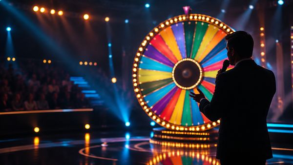 Valtava värikäs pyörivä palkintopyörä hehkuvine segmentteineen pimeässä game show -studiossa, juontajan siluetti. Crazy Time