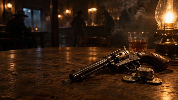 Kulunut revolveri ja pino vanhoja kolikoita puisella pöydällä hämärässä saluunassa, savua ilmassa. Dead or Alive 2 -slotti