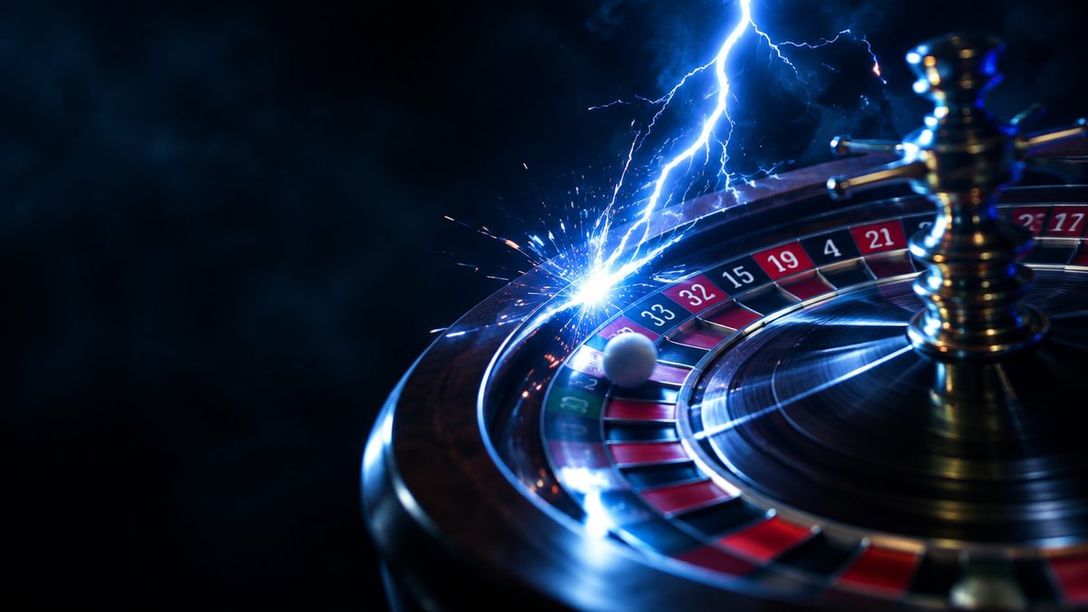Rulettipyörä, jonka numeroihin iskee kirkas sähköinen salamakaari, kipinöitä ja sinivalkoista valoa. Lightning Roulette