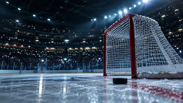 Jääkiekkomaali ja kiekko jäällä valtavassa pimeässä areenassa, tuhansien katsojien valot sumeina taustalla. NHL-vedonlyönti