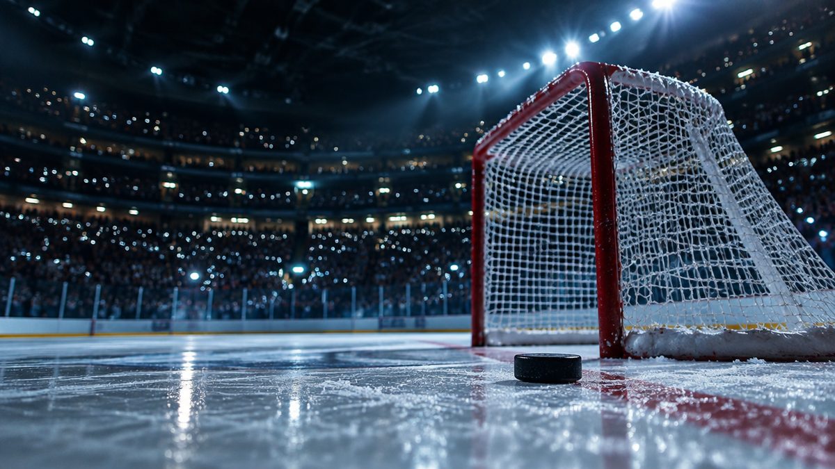 Jääkiekkomaali ja kiekko jäällä valtavassa pimeässä areenassa, tuhansien katsojien valot sumeina taustalla. NHL-vedonlyönti