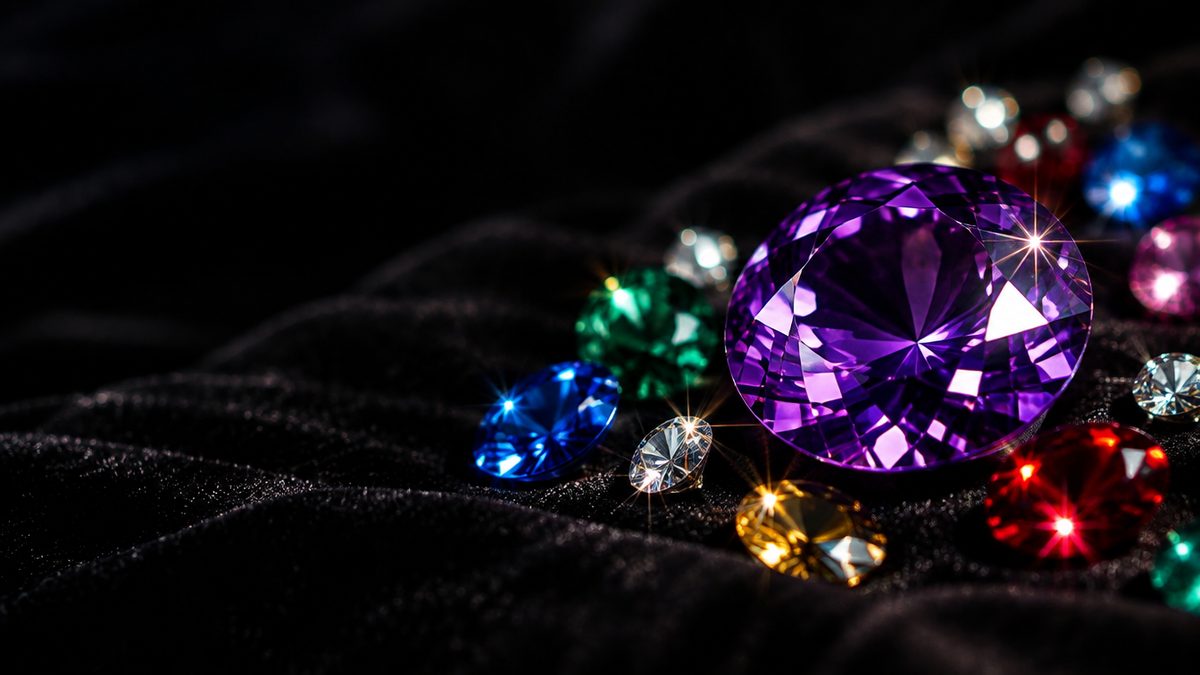 Kimaltelevia värikkäitä jalokiviä ja suuri violetti jalokivi mustalla sametilla, tähtimäisiä valonheijastuksia. Starburst-slotti