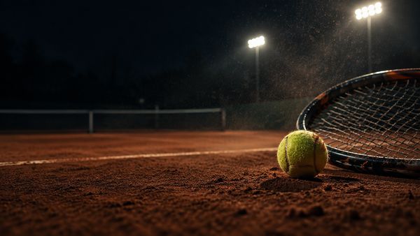 Tennispallo ja maila tummalla massakentällä yöllä valonheittimien alla, hienoa pölyä ilmassa, tennis-vedonlyönti
