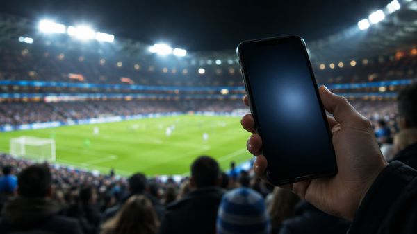 Älypuhelin, sekuntikello ja pieni jalkapallo tummalla taustalla, live-vedonlyönti ottelun aikana