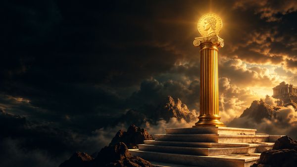 Kultainen kreikkalainen temppelipylväs, jonka huipulla hehkuu kolikko, marmoriportaat, dramaattinen taivas, mytologiaslotin tunnelma. Age of the Gods