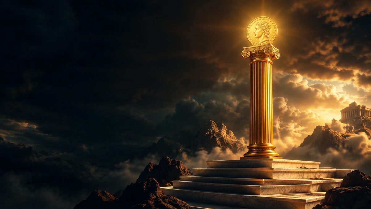 Kultainen kreikkalainen temppelipylväs, jonka huipulla hehkuu kolikko, marmoriportaat, dramaattinen taivas, mytologiaslotin tunnelma. Age of the Gods