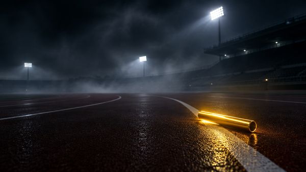 Juoksuradan kaista, jonka viivalla hehkuu kultainen viestikapula, yleisurheilustadion yöllä, usvaa. Diamond League