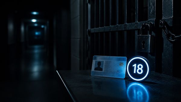 Henkilökortti, jossa hehkuu tyhjä 18-merkki, lukitun portin vieressä, pimeä käytävä, iän tarkistuksen tunnelma, kasinon ikäraja