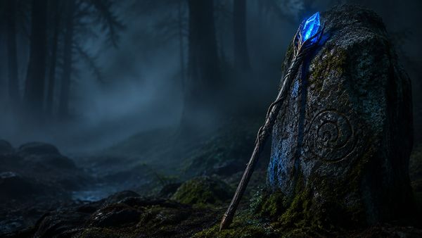 Velhon sauva hehkuvalla sinisellä kristallilla nojaa muinaiseen kiveen, usvainen metsä, taikuuden tunnelma. Rise of Merlin