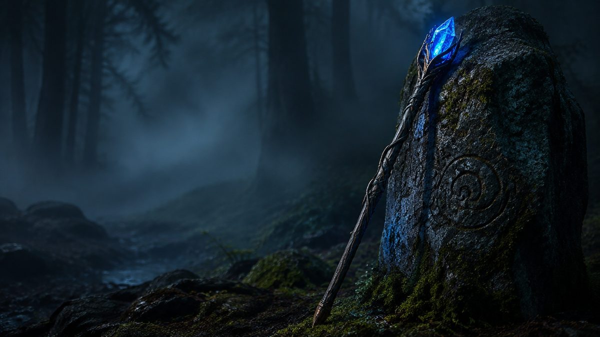 Velhon sauva hehkuvalla sinisellä kristallilla nojaa muinaiseen kiveen, usvainen metsä, taikuuden tunnelma. Rise of Merlin