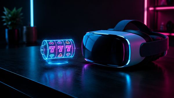 Futuristinen VR-lasit ja pieni holografinen slottirulla leijumassa tumman pöydän yllä, syaani ja magenta valo, tulevaisuuden tunnelma, nettikasinoiden tulevaisuus