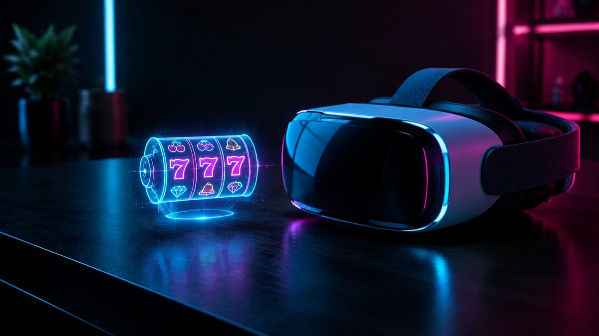 Futuristinen VR-lasit ja pieni holografinen slottirulla leijumassa tumman pöydän yllä, syaani ja magenta valo, tulevaisuuden tunnelma, nettikasinoiden tulevaisuus