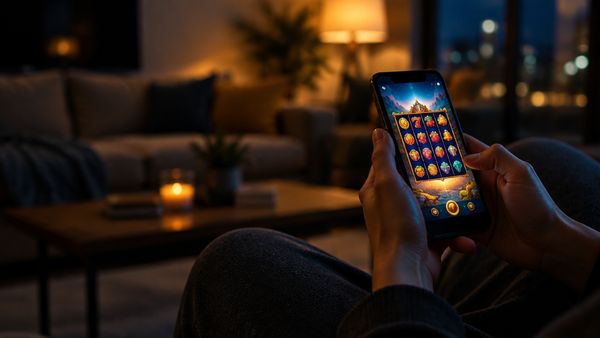 Musta älypuhelin, jonka näytöllä on kolme hopeista pelimerkkiä, mobiilikasino selaimessa