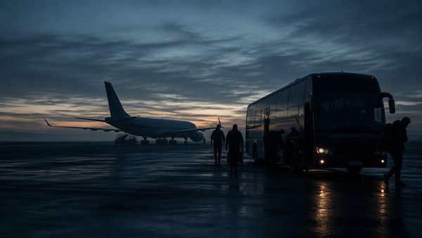 Joukkuebussi ja lentokoneen siluetti pimeällä asematasolla aamunkoitteessa, matkaväsymyksen tunnelma, viileä valo, matkustus ja aikaerot