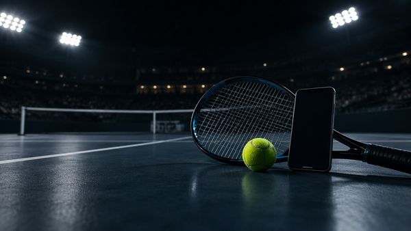 Tennismaila ja pallo tummalla kovakentällä älypuhelimen vieressä, jonka näytöllä tyhjä live-paneeli, yöstadion, live-tennis