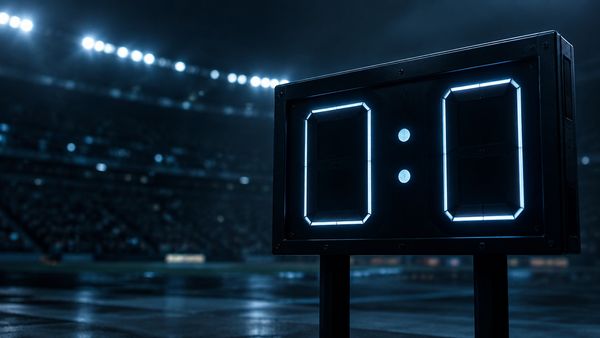 Tumma tulostaulumainen paneeli, jossa kaksi tyhjää hehkuvaa numeropaikkaa ja pieni kaksoispiste, stadion sumeana, viileä valo, tarkka tulos