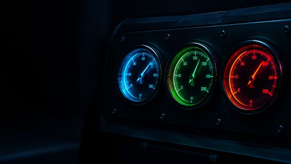 Kolme lasista mittaria tummalla instrumenttipaneelilla, jokainen hehkuu eri väriä, tarkkuusmittarit, viileä valo. RTP, osumataajuus, varianssi