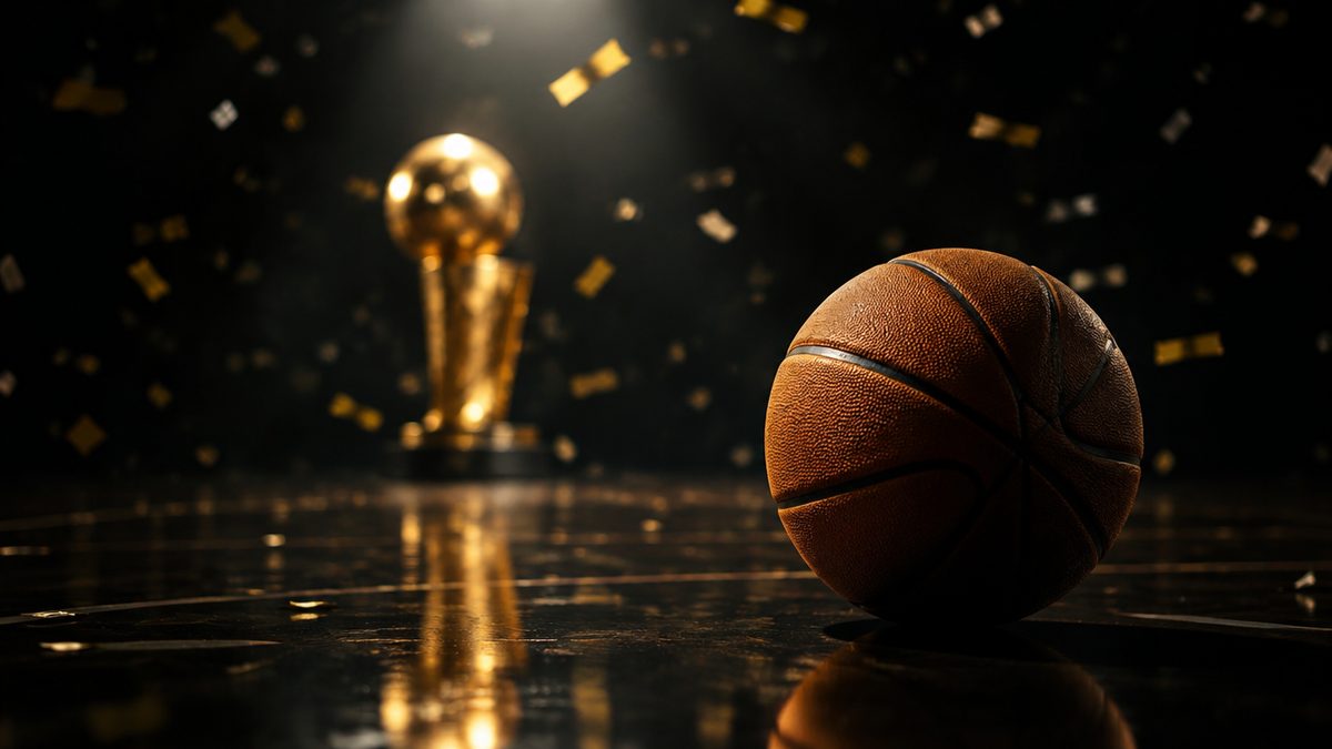 Koripallo tummalla kentällä, kultaisen pokaalin heijastus sumeana takana, konfettia pysähtyneenä ilmaan, kohdevalo. NBA-pudotuspelit