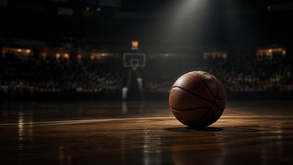 Koripallo tummalla parkettikentällä yhden kohdevalon alla, eurooppalainen areena sumeana, mestaruuden tunnelma. EuroLeague