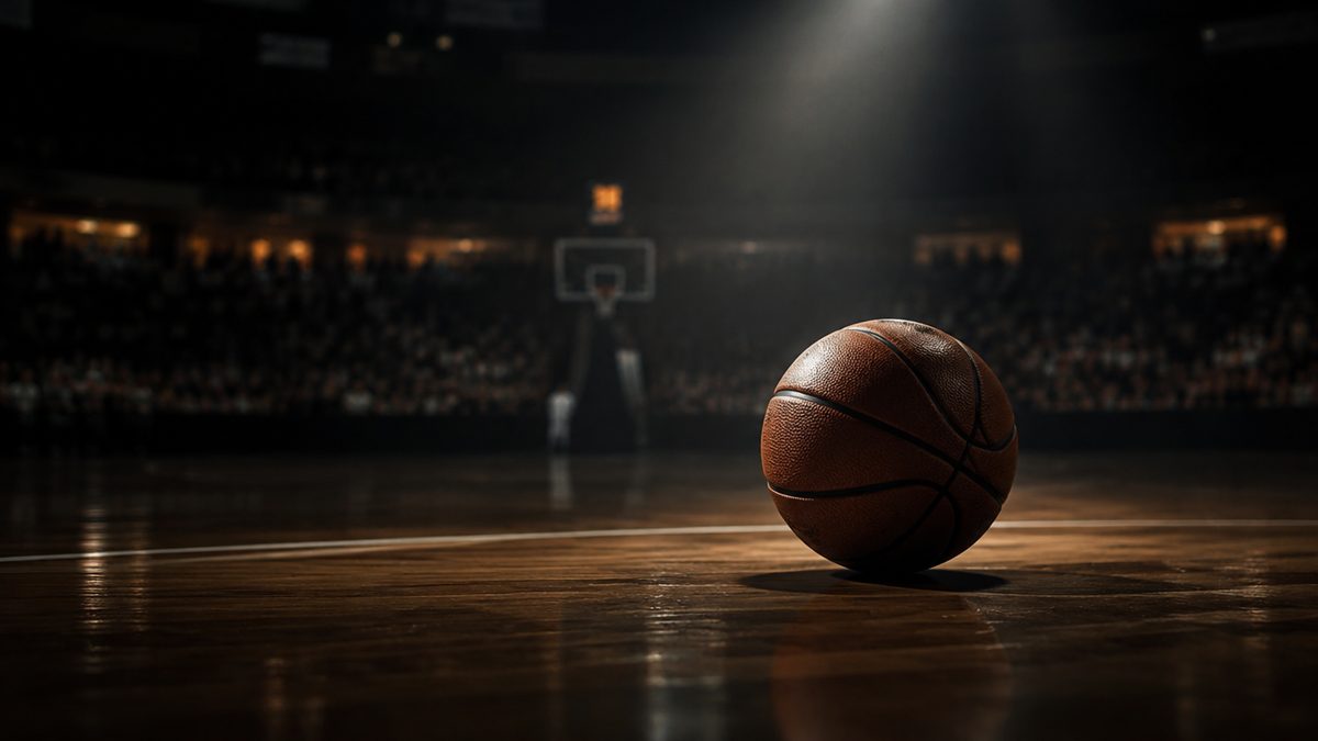 Koripallo tummalla parkettikentällä yhden kohdevalon alla, eurooppalainen areena sumeana, mestaruuden tunnelma. EuroLeague