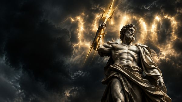 Marmorinen kreikkalaisen jumalan patsas pitelee kultaista salamaa, taustalla heikko tuhatta muistuttava valomuoto, myrskypilviä, dramaattinen. Gates of Olympus 1000