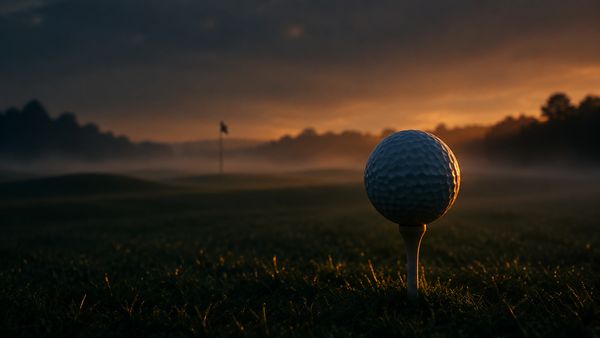 Golfpallo tiillä hämärässä, tumma väylä ja kaukainen lippu, usvaa, lämmin reunavalo, golfin majorit