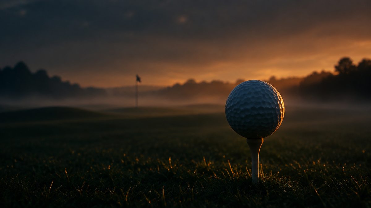 Golfpallo tiillä hämärässä, tumma väylä ja kaukainen lippu, usvaa, lämmin reunavalo, golfin majorit