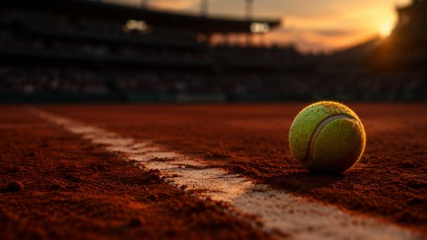 Tennispallo tummanpunaisella massalla valkoisen viivan vieressä, stadion sumeana, lämmin iltavalo. Grand Slam
