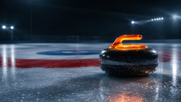Curlingkivi hehkuvalla kahvalla pebble-jäällä, maalirenkaat näkyvissä, kylmä areenavalo, curling
