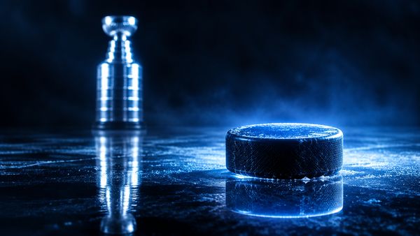 Hehkuva jääkiekko tummalla jäällä, Stanley-tyyppisen hopeapokaalin heijastus sumeana takana, kylmä sininen valo. NHL-pudotuspelit