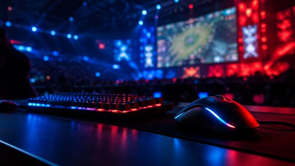 Pelihiiri ja mekaaninen näppäimistö hehkuvat pimeässä e-urheiluareenassa, iso näyttö sumeana taustalla, sininen ja punainen valo. CS2 vs LoL