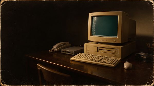 Vanha seepiansävyinen valokuva 1990-luvun pöytätietokoneesta modeemeineen tummalla pöydällä, nostalginen lämmin valo, nettikasinoiden historia