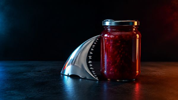 Lasipurkki kiiltävää hilloa ja kromista tehty terävähampainen hainevä tummalla pöydällä, leikkisä tuotekuva, värikäs reunavalo. Push Gaming