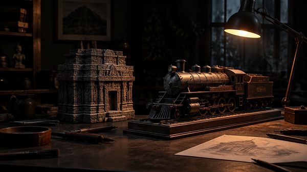 Höyryveturin pienoismalli ja kivinen temppelilohkare tummalla työpöydällä, lämmin lamppu, käsityöläisstudion tunnelma. Relax Gaming