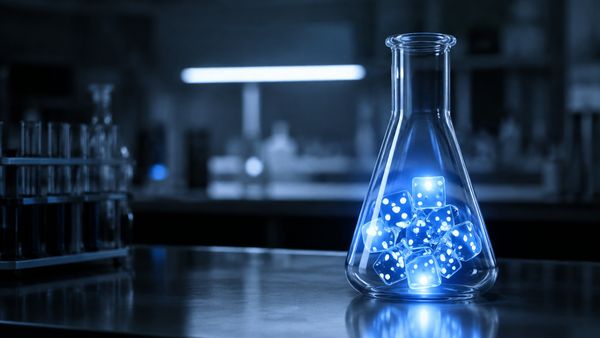 Laboratorion lasipullo, jonka sisällä hehkuu noppasarja, laboratoriopöytä, kliininen valkosininen valo, sertifioinnin tunnelma. RNG ja testilaitokset