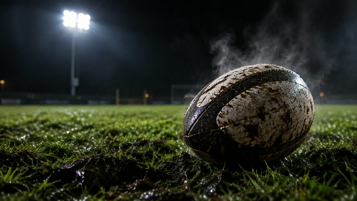 Rugbypallo mutaisella nurmella stadionin valonheittimien alla yöllä, höyryä nousee, lähikuva, rugby