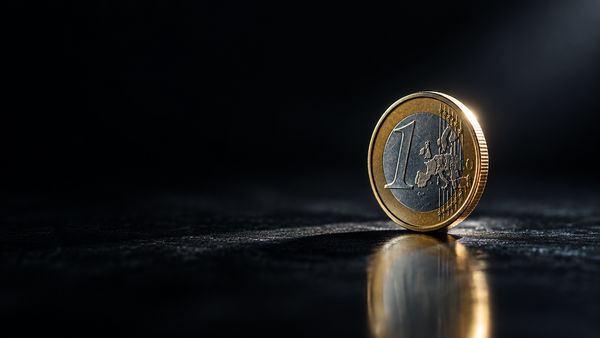 Yksi euron kolikko pystyssä kohdevalossa mustalla heijastavalla pinnalla, 1 euron talletus kasinolle