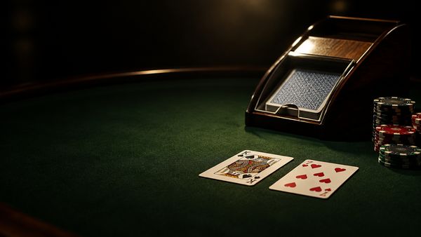 Tummanvihreä huopapöytä, baccarat-kenkä ja kaksi avattua pelikorttia, pelimerkkipino, lämmin kohdevalo, baccarat
