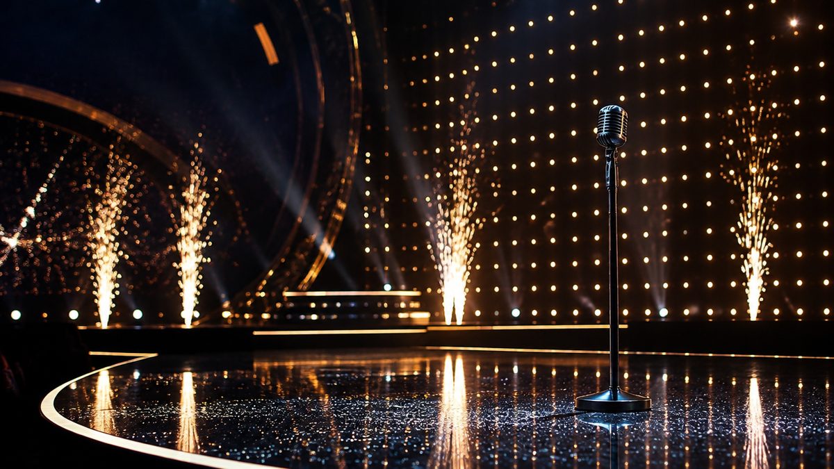 Vintage-mikrofoni kimaltelevalla tummalla lavalla, pyrotekniikan kipinöitä ja pienten valojen seinä, euroviisutyylinen show. Eurovision