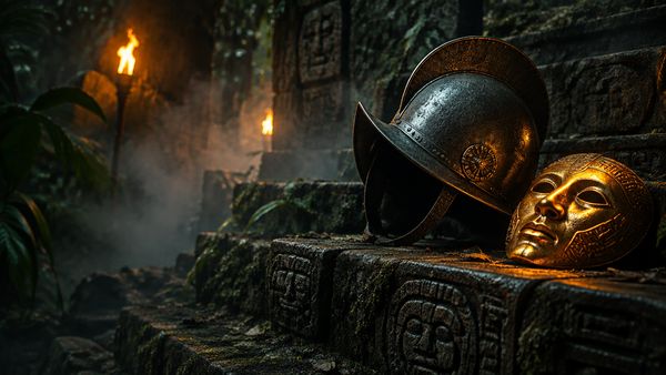 Konkistadorin kypärä ja hehkuva kultainen naamio kaiverretuilla viidakon kiviportailla, usvaa, soihtuvalo. Gonzo’s Quest Megaways