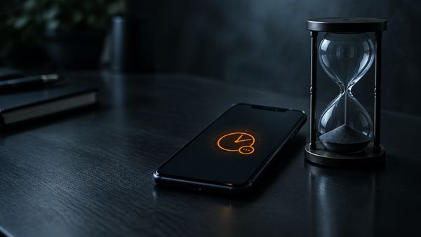 Puhelin, jonka näytöllä on oranssi odotuskello, tumman pöydän vieressä pysähtynyt tiimalasi, kotiutus ei tule