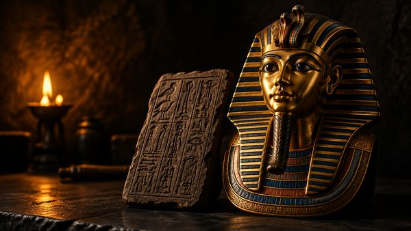 Kultainen faaraon naamio ja muinainen hieroglyfeillä koristeltu kivitaulu mustalla kivipinnalla, lämmin soihtuvalo. Legacy of Dead -slotti