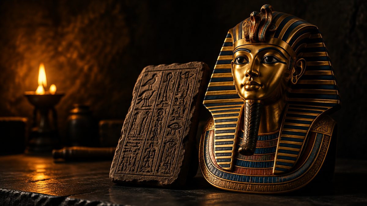Kultainen faaraon naamio ja muinainen hieroglyfeillä koristeltu kivitaulu mustalla kivipinnalla, lämmin soihtuvalo. Legacy of Dead -slotti