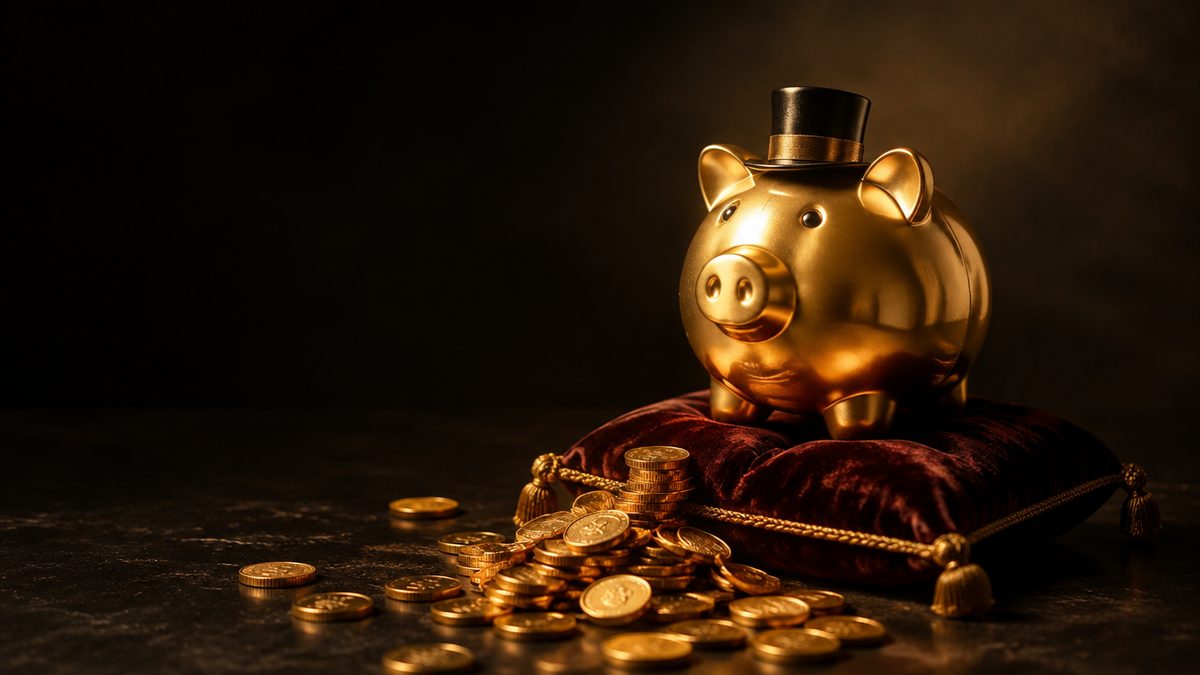 Kultainen säästöpossu pienessä silinterihatussa samettityynyllä, kultakolikoita ympärillä, lämmin ylellinen valo. Piggy Riches Megaways